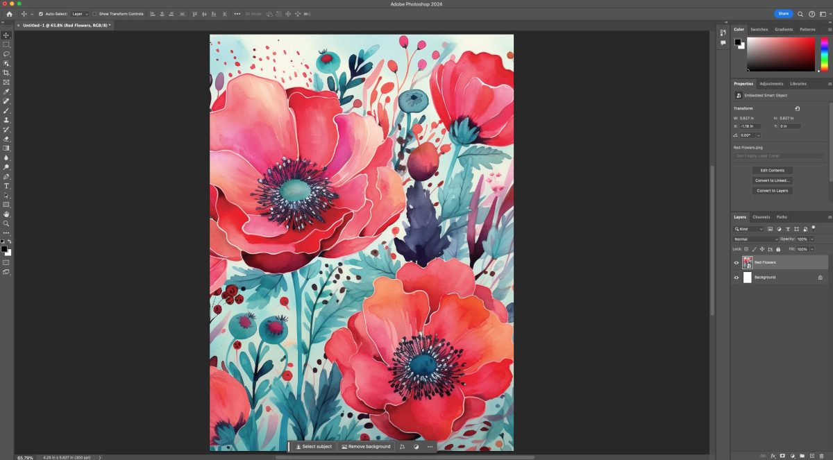 Photoshop: Red poppies artwork sized to fit canvas