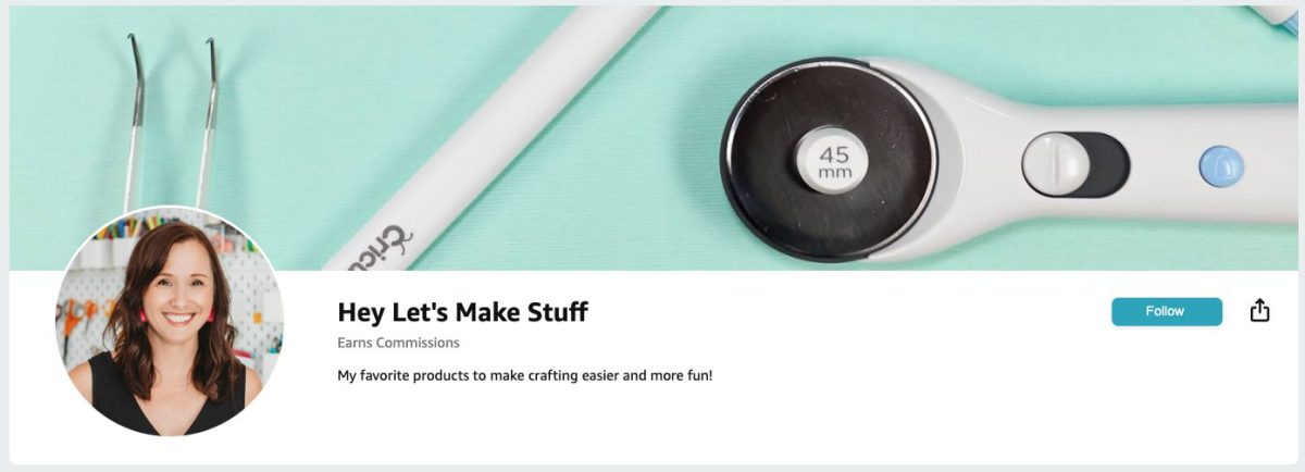 Screen shot of button to click on to follow Cori from Hey Let's Make Stuff on her Amazon storefront