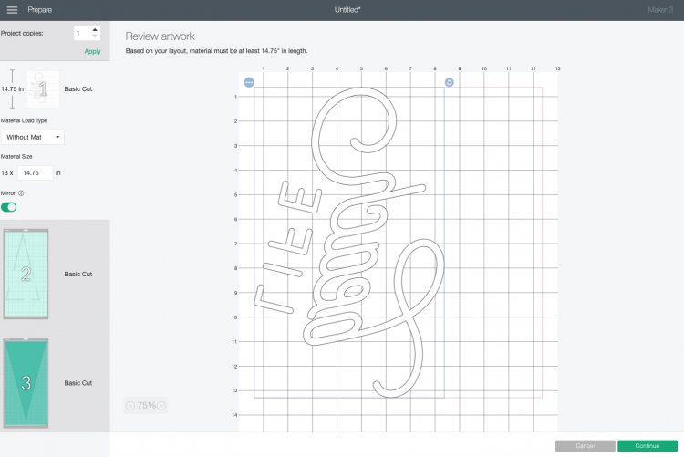 Cricut Design Space: Pennant pieces laid out on different mats/materials in Prepare Screen